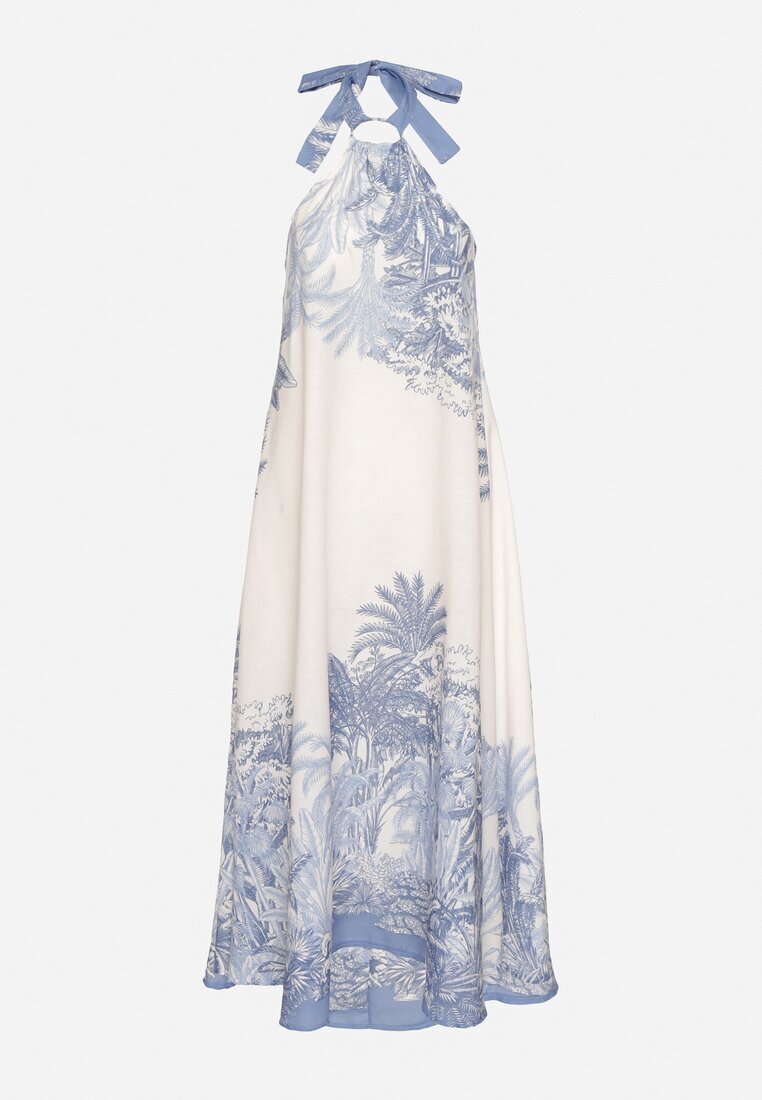 pretty Rochie Albastră cu Viscoză și Motiv Palmieri cu Legătură Izomara