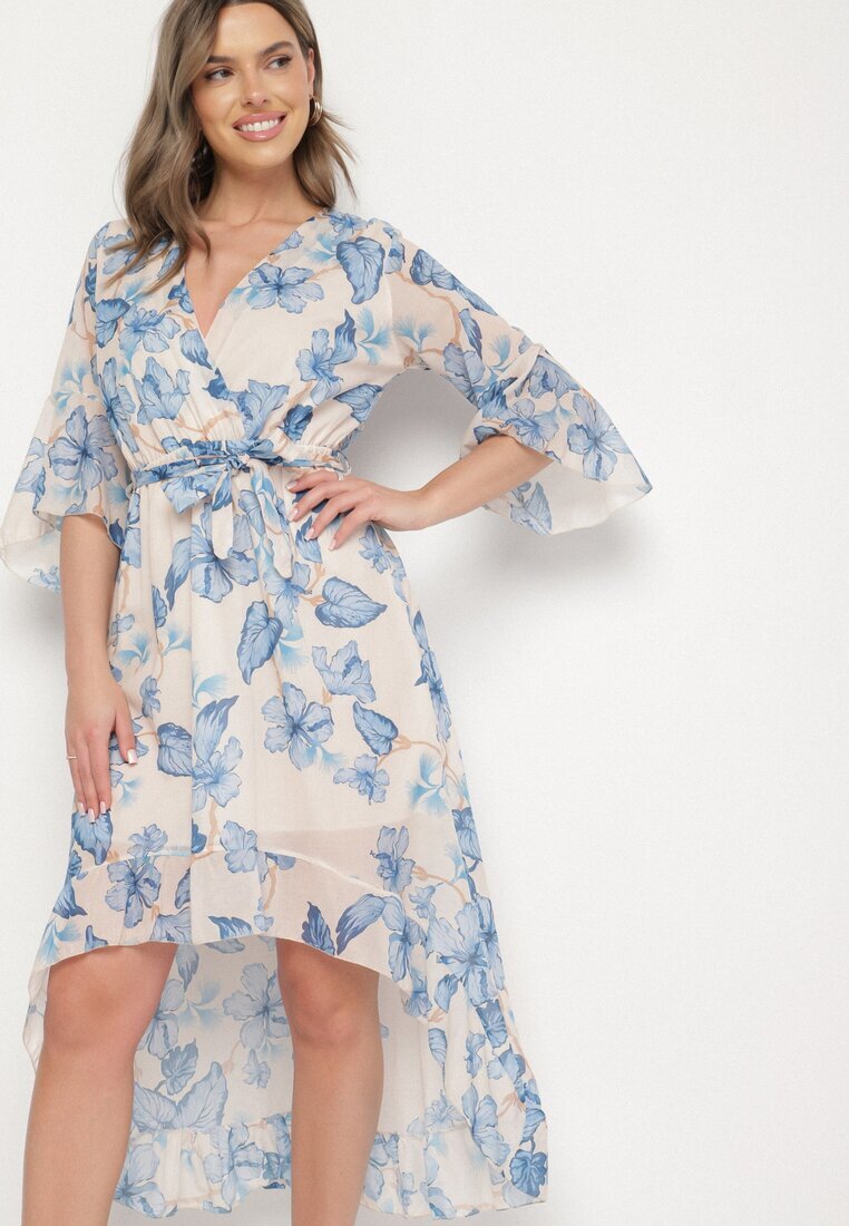 pretty Rochie Albastră de bumbac petrecută cu croi asimetric cu cordon de legat Niteira