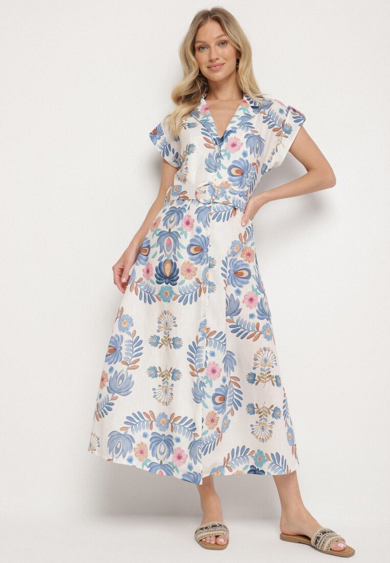 pretty Rochie Albastră din Viscoză cu Croială Tip Cămașă cu Curea cu Cataramă Nitasiela