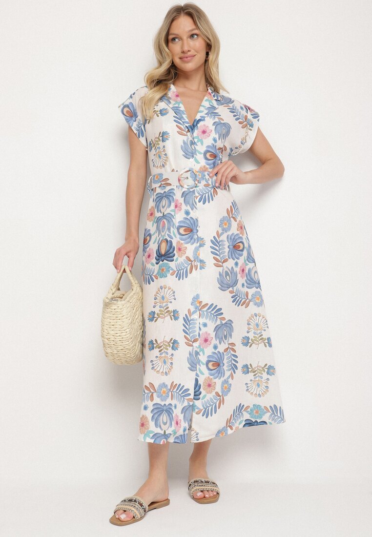 pretty Rochie Albastră din Viscoză cu Croială Tip Cămașă cu Curea cu Cataramă Nitasiela