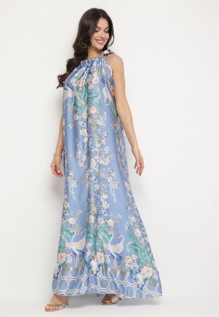 pretty Rochie bleumarin satinată cu flori cu legătură decorativă Fenasella