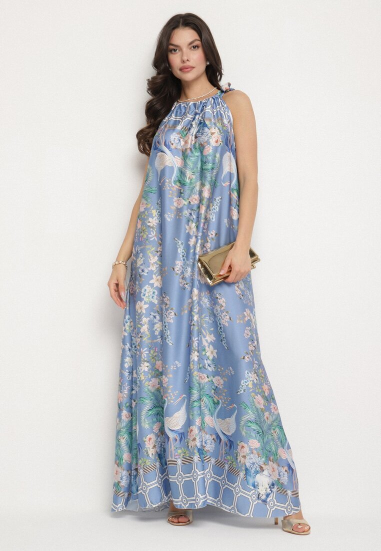 pretty Rochie bleumarin satinată cu flori cu legătură decorativă Fenasella