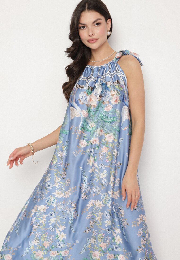 pretty Rochie bleumarin satinată cu flori cu legătură decorativă Fenasella
