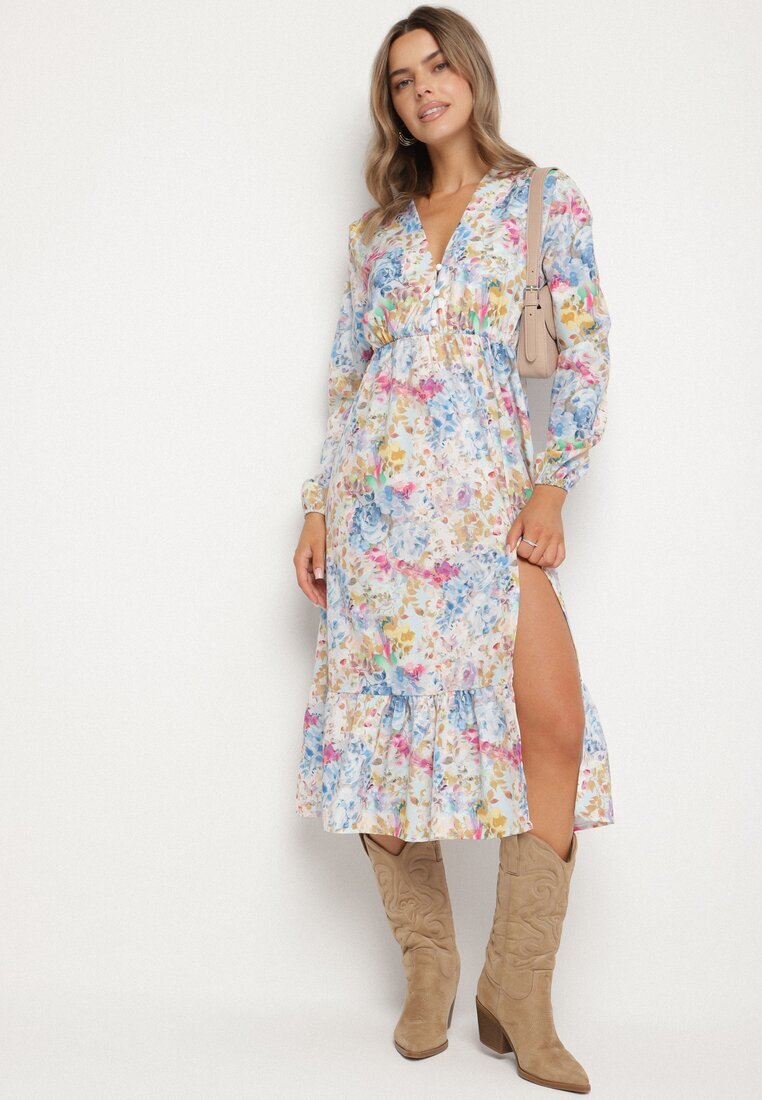 pretty Rochie cloș florală albastru deschis cu decolteu în V și talie elastică Janitra