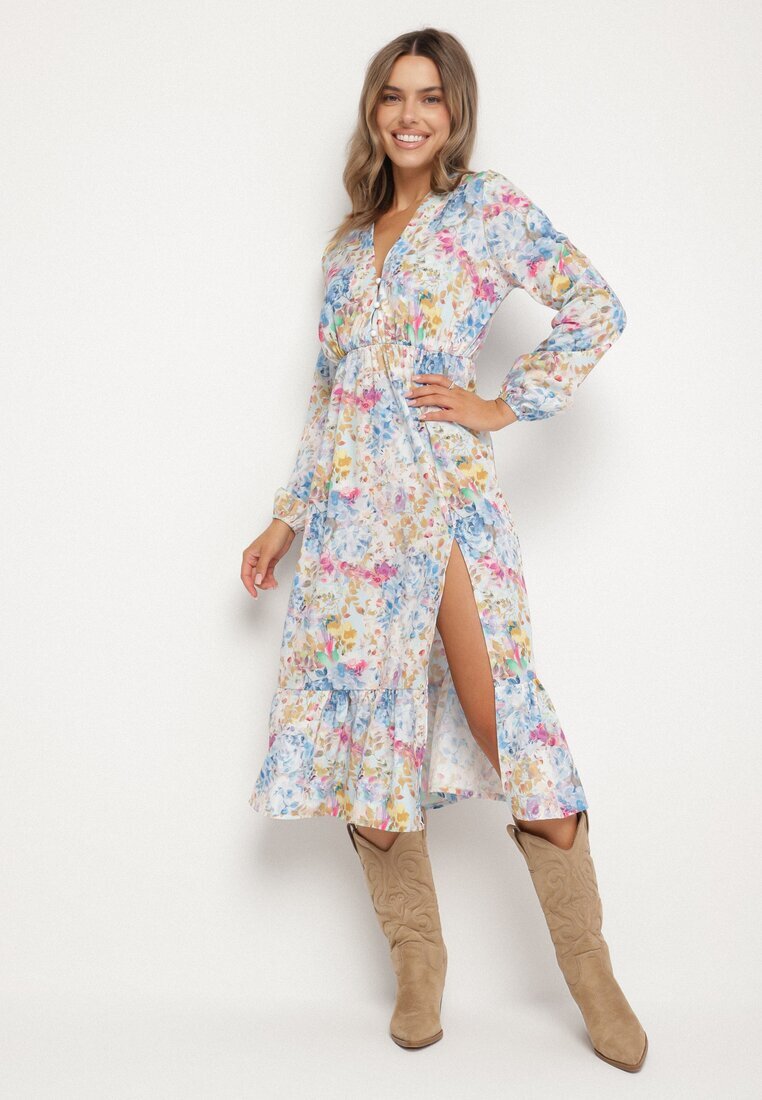 pretty Rochie cloș florală albastru deschis cu decolteu în V și talie elastică Janitra