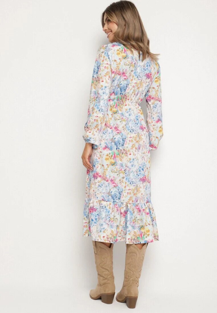 pretty Rochie cloș florală albastru deschis cu decolteu în V și talie elastică Janitra