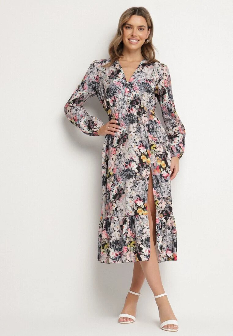 pretty Rochie Cloș Neagră cu flori cu decolteu în V și elastic în talie Janitra