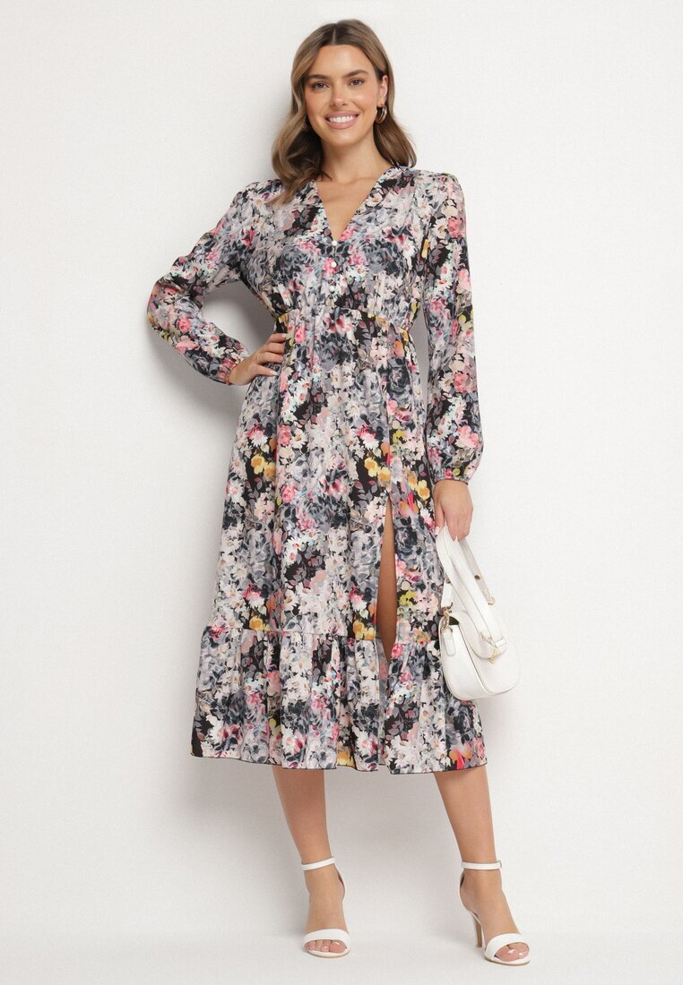 pretty Rochie Cloș Neagră cu flori cu decolteu în V și elastic în talie Janitra