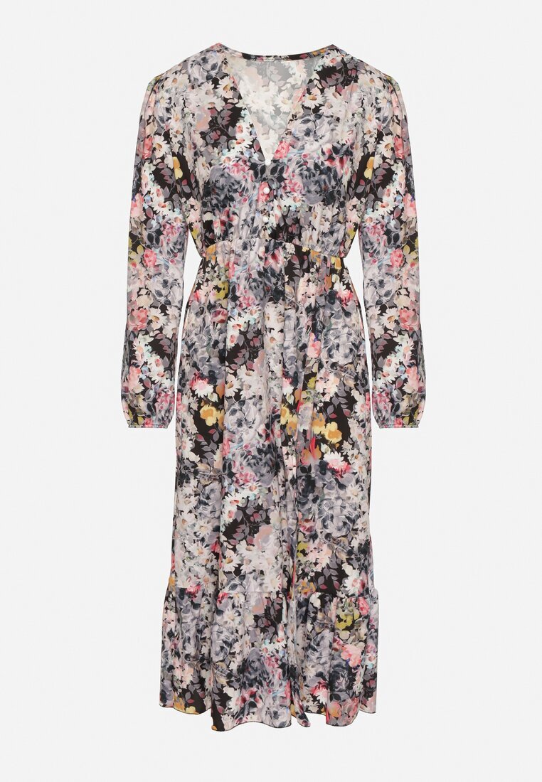 pretty Rochie Cloș Neagră cu flori cu decolteu în V și elastic în talie Janitra