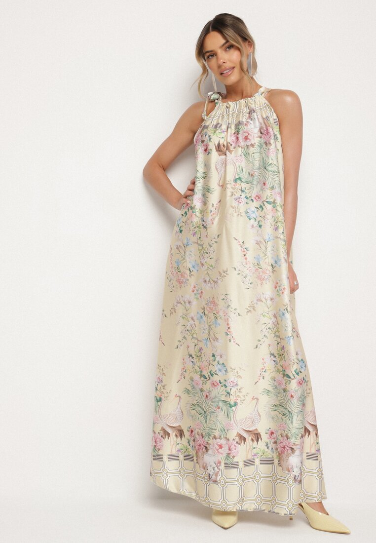 pretty Rochie de satin galbenă cu flori cu legătură decorativă Fenasella