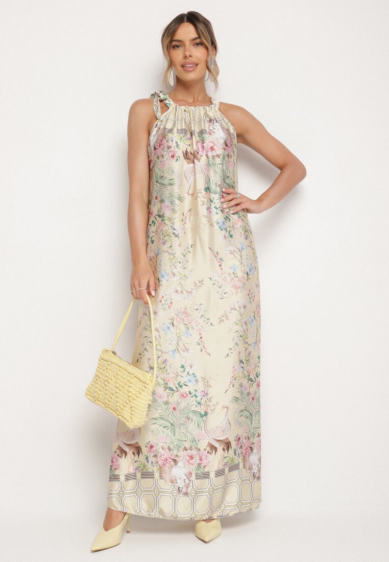 pretty Rochie de satin galbenă cu flori cu legătură decorativă Fenasella