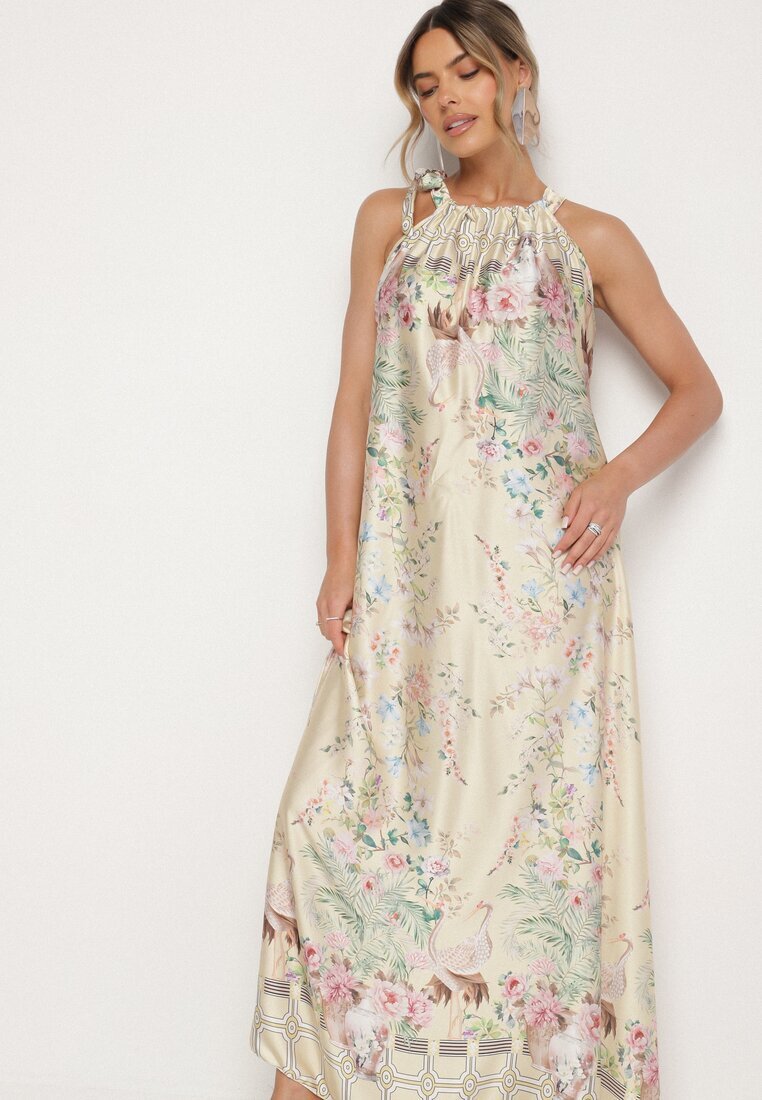 pretty Rochie de satin galbenă cu flori cu legătură decorativă Fenasella