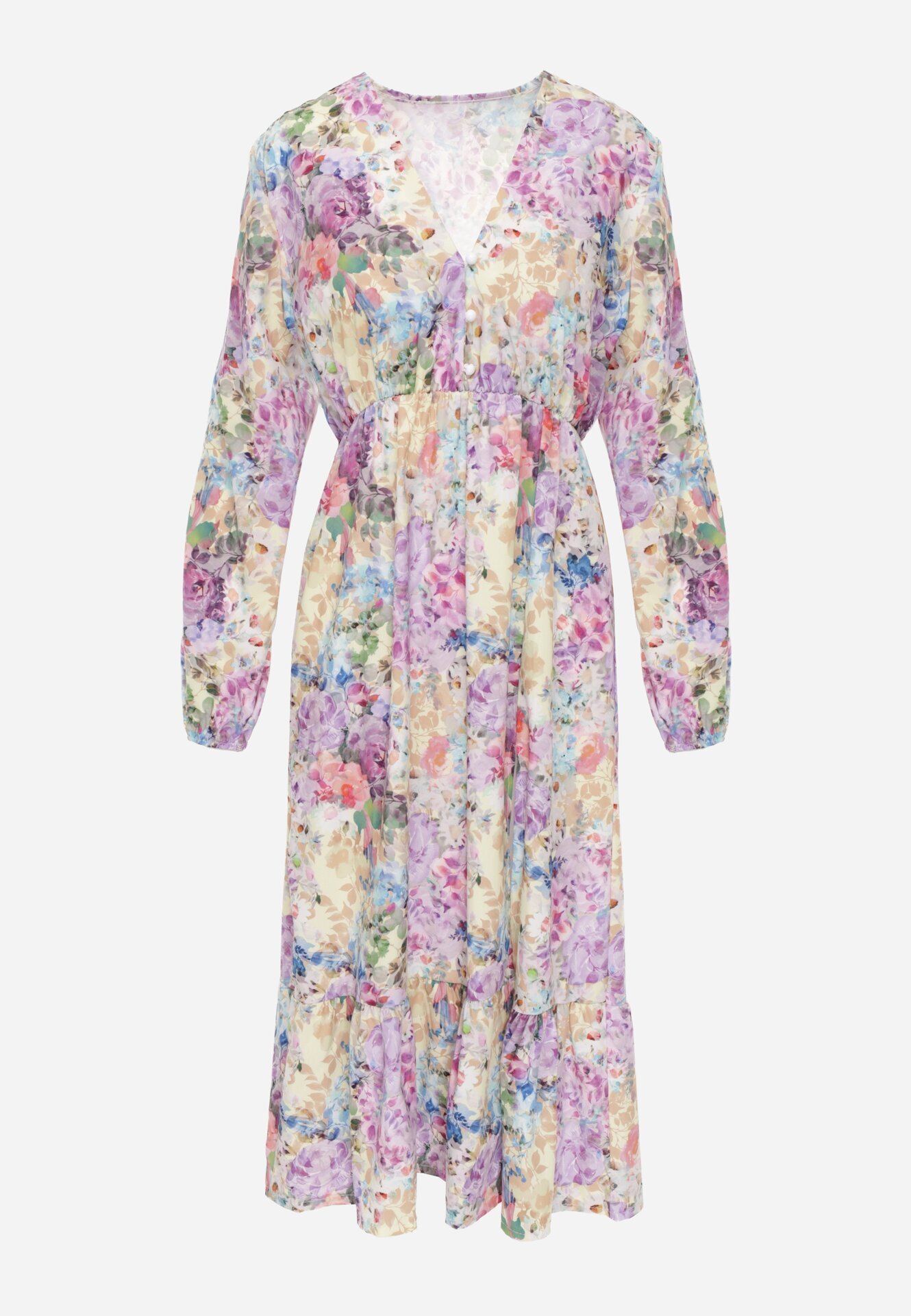 pretty Rochie Evazată Galbenă cu Flori cu Decolteu în V și Elastic în Talie Janitra
