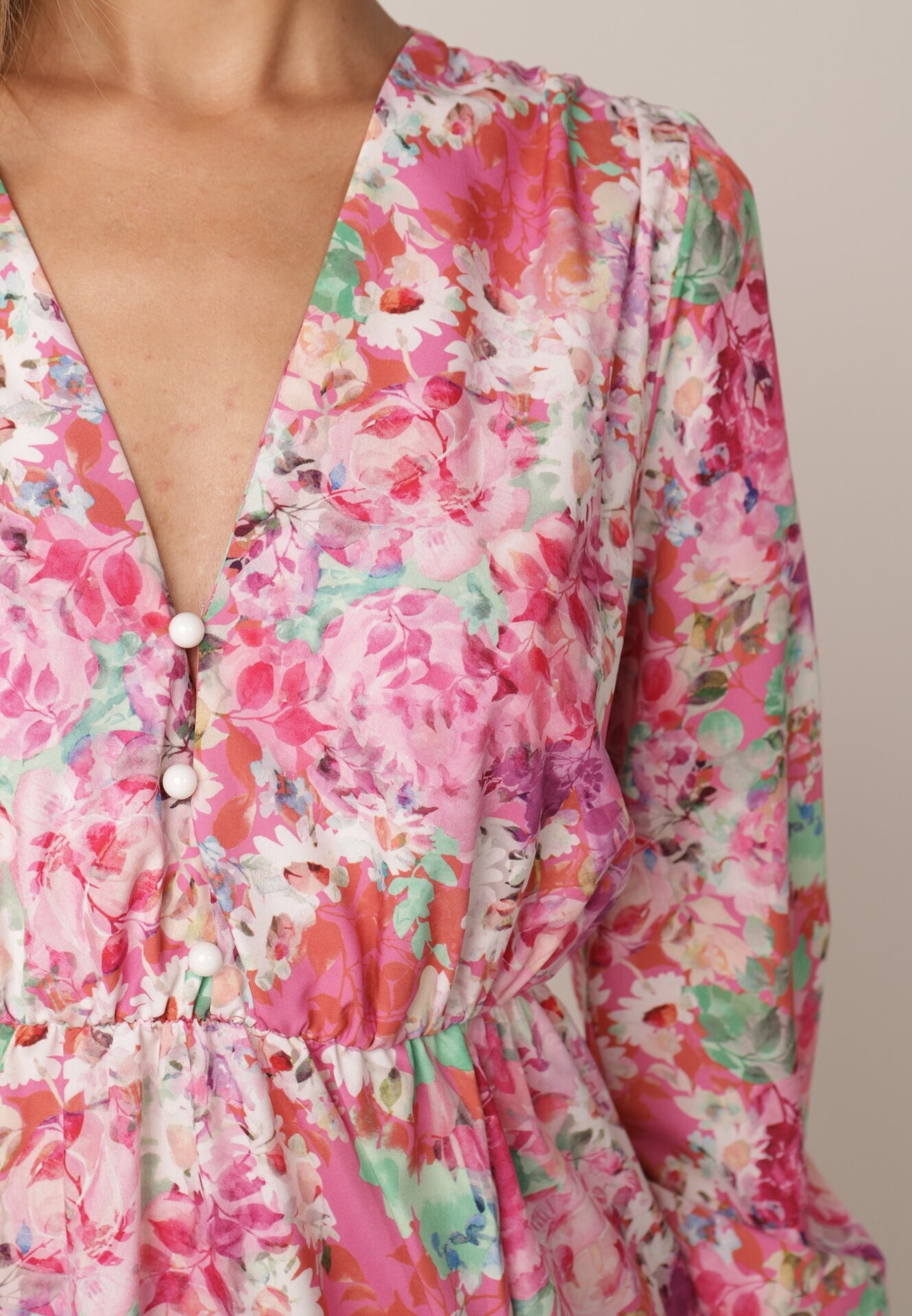 pretty Rochie Evazată Roz cu Imprimeu Floral cu Decolteu în V și Elastic în Talie Janitra
