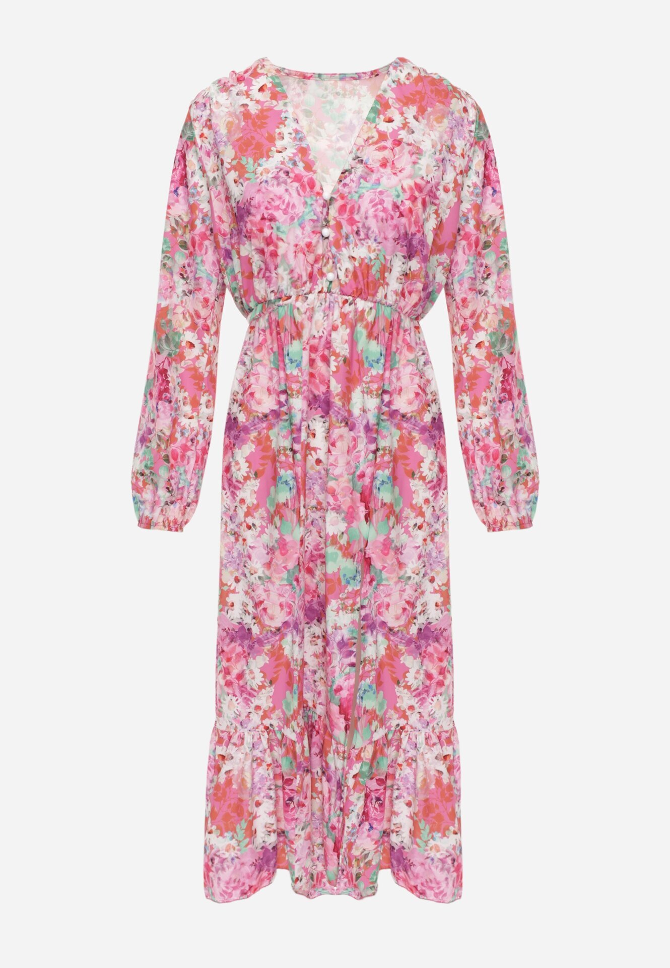 pretty Rochie Evazată Roz cu Imprimeu Floral cu Decolteu în V și Elastic în Talie Janitra