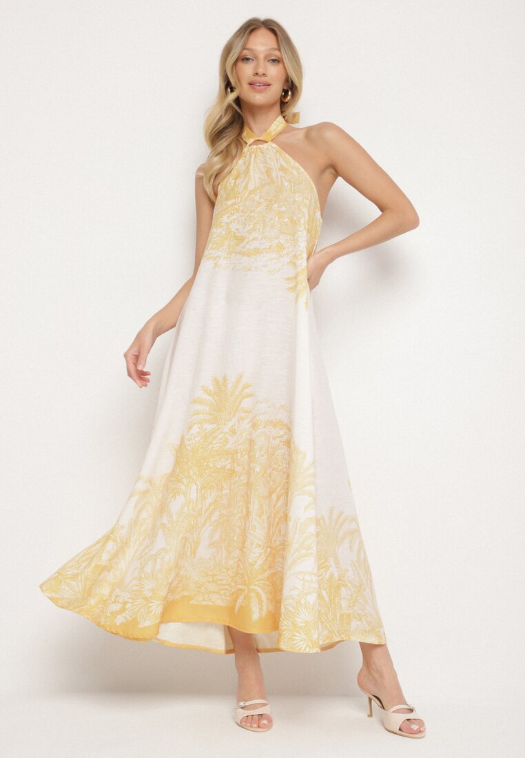 pretty Rochie Galbenă cu Vâscoză și Motiv de Palmieri cu Legătură Izomara