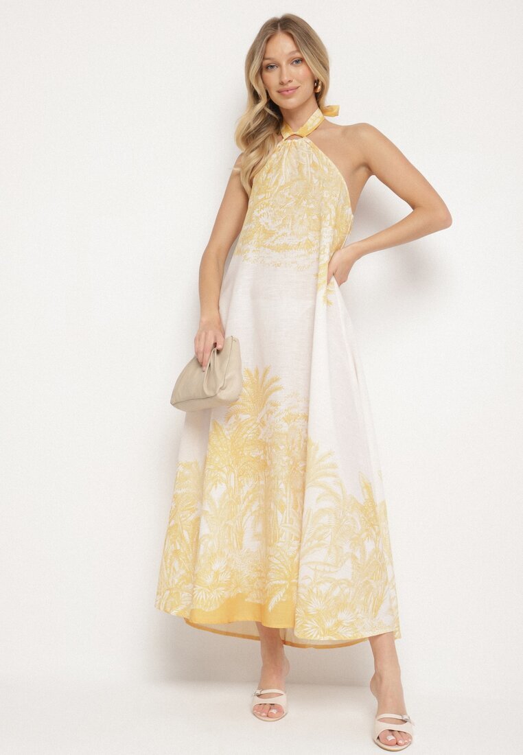 pretty Rochie Galbenă cu Vâscoză și Motiv de Palmieri cu Legătură Izomara