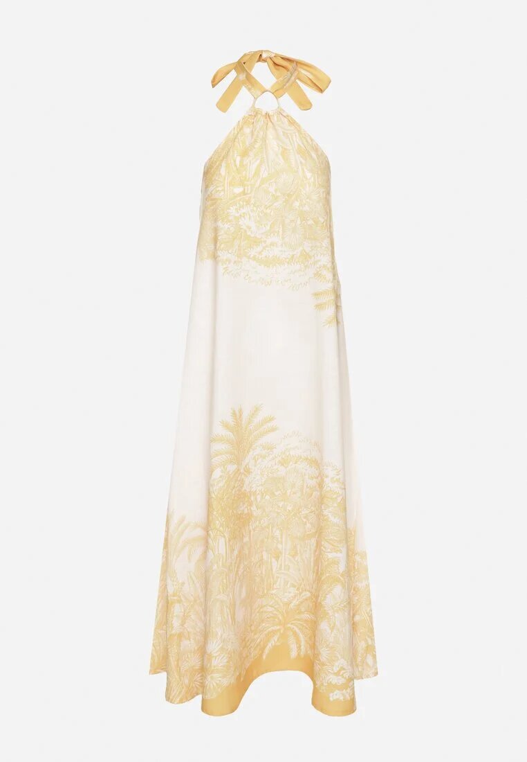 pretty Rochie Galbenă cu Vâscoză și Motiv de Palmieri cu Legătură Izomara