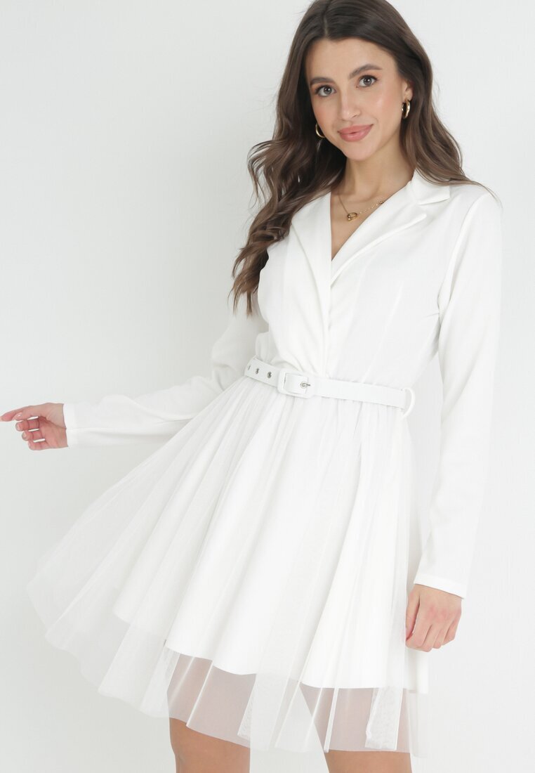 pretty Rochie Mini Tip Plic Albă cu Cordon și Tul la Bază Anaida