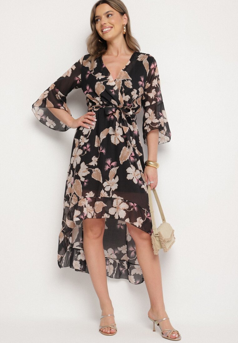 pretty Rochie neagră din bumbac petrecută cu croială asimetrică și cordon legat Niteira