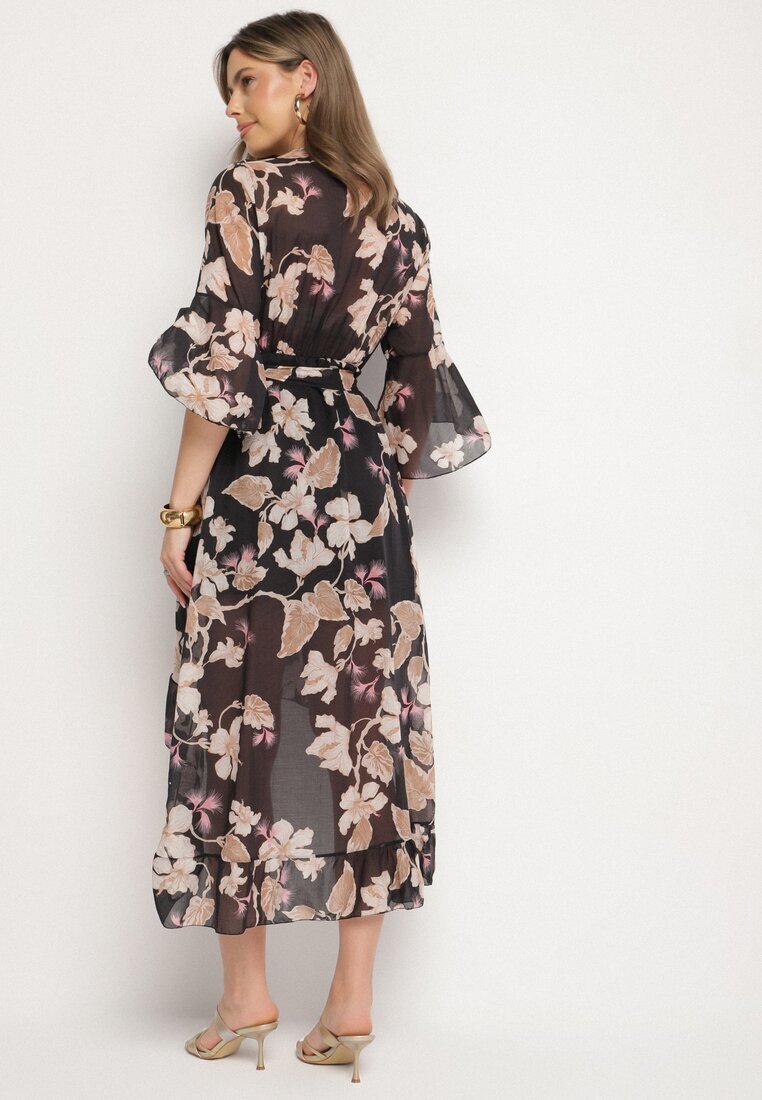 pretty Rochie neagră din bumbac petrecută cu croială asimetrică și cordon legat Niteira