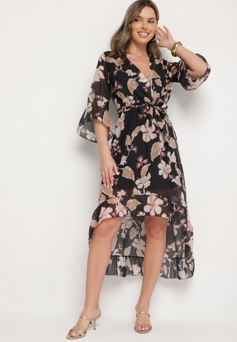 pretty Rochie neagră din bumbac petrecută cu croială asimetrică și cordon legat Niteira