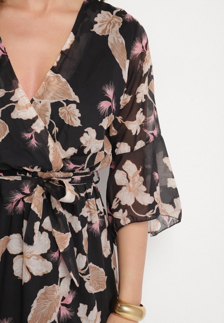 pretty Rochie neagră din bumbac petrecută cu croială asimetrică și cordon legat Niteira