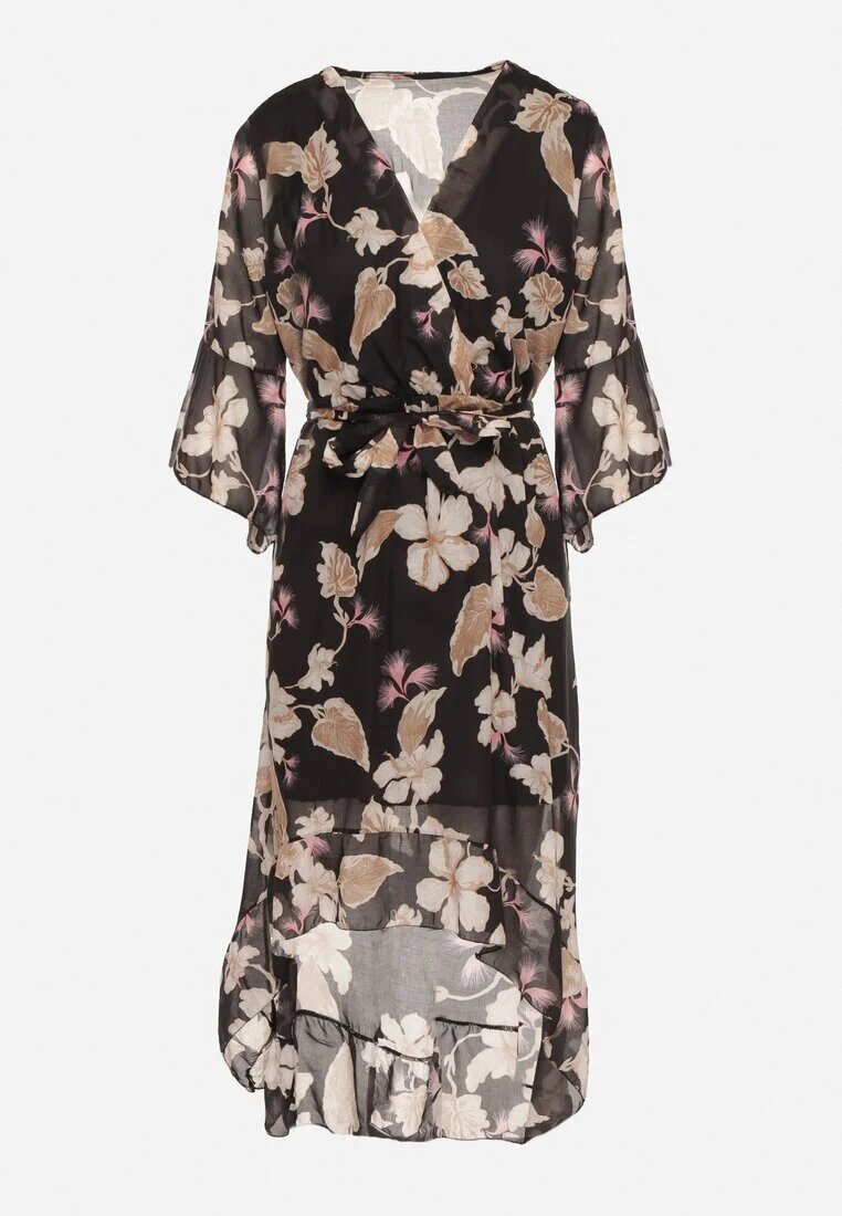 pretty Rochie neagră din bumbac petrecută cu croială asimetrică și cordon legat Niteira