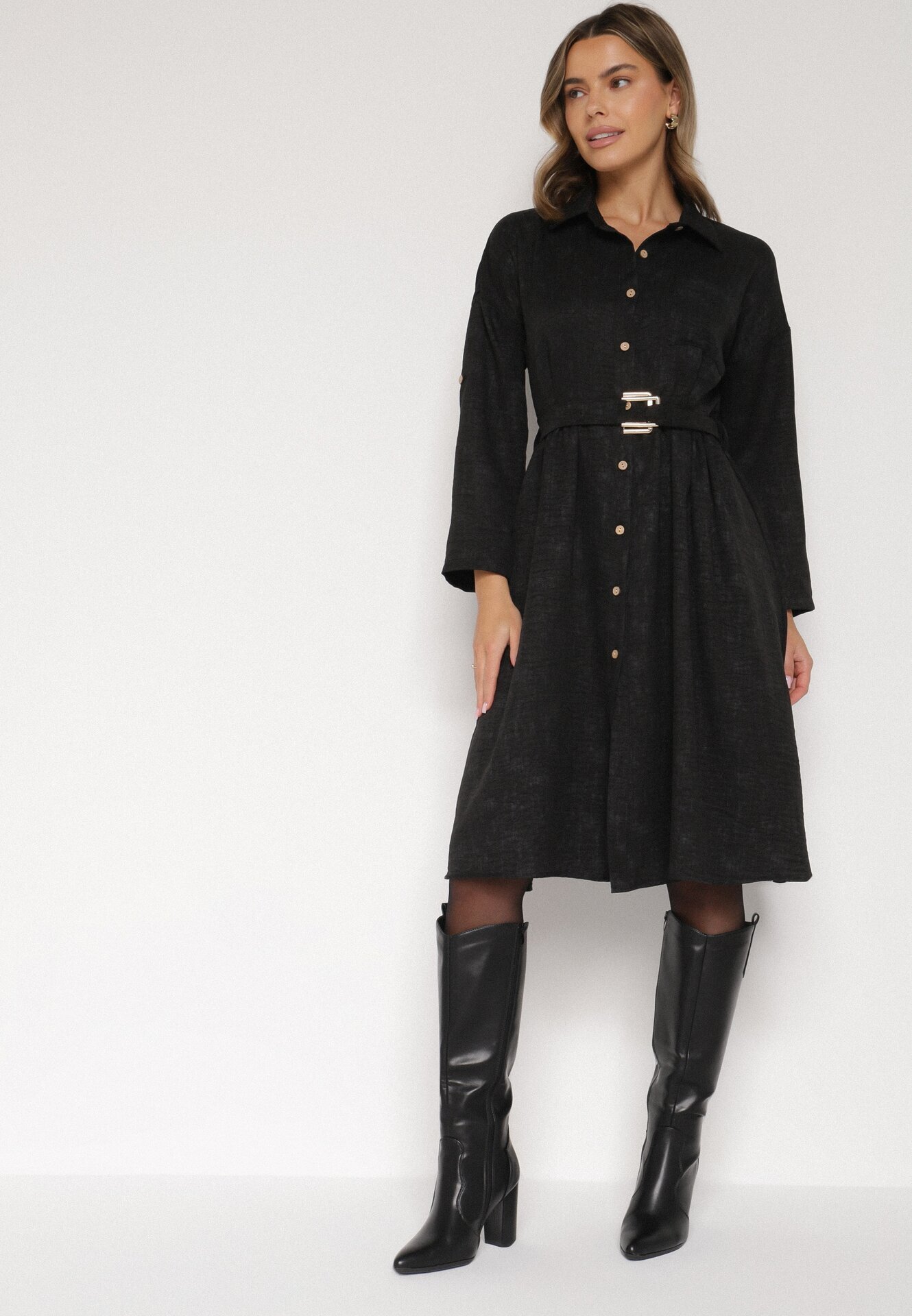 pretty Rochie Neagră tip cămașă cu curea cu cataramă Evelmio