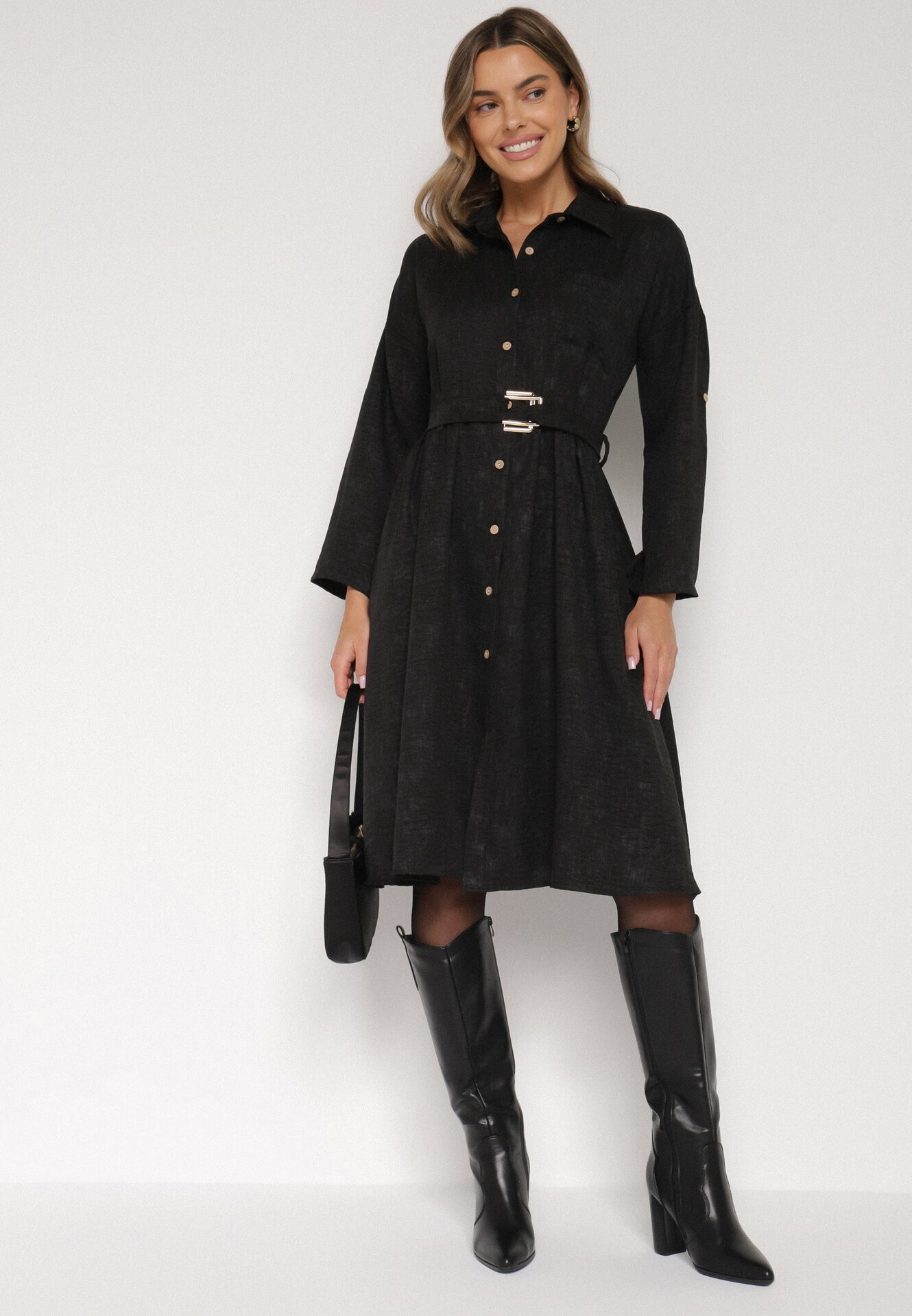 pretty Rochie Neagră tip cămașă cu curea cu cataramă Evelmio