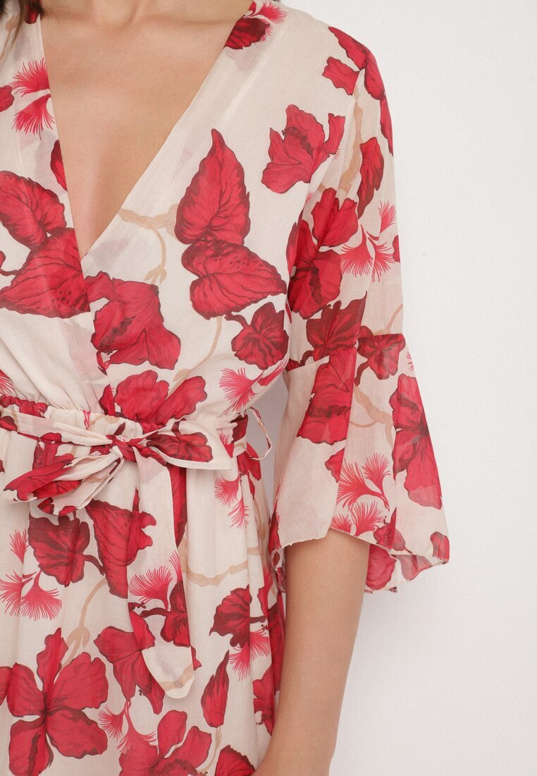 pretty Rochie Roșie de bumbac Petrecută cu Croială Asimetrică cu Centură de Legat Niteira