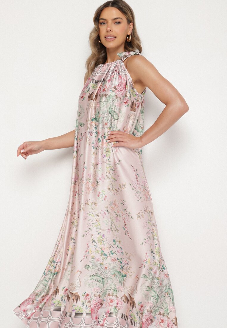 pretty Rochie roz deschis din satin cu flori cu legătură decorativă Fenasella