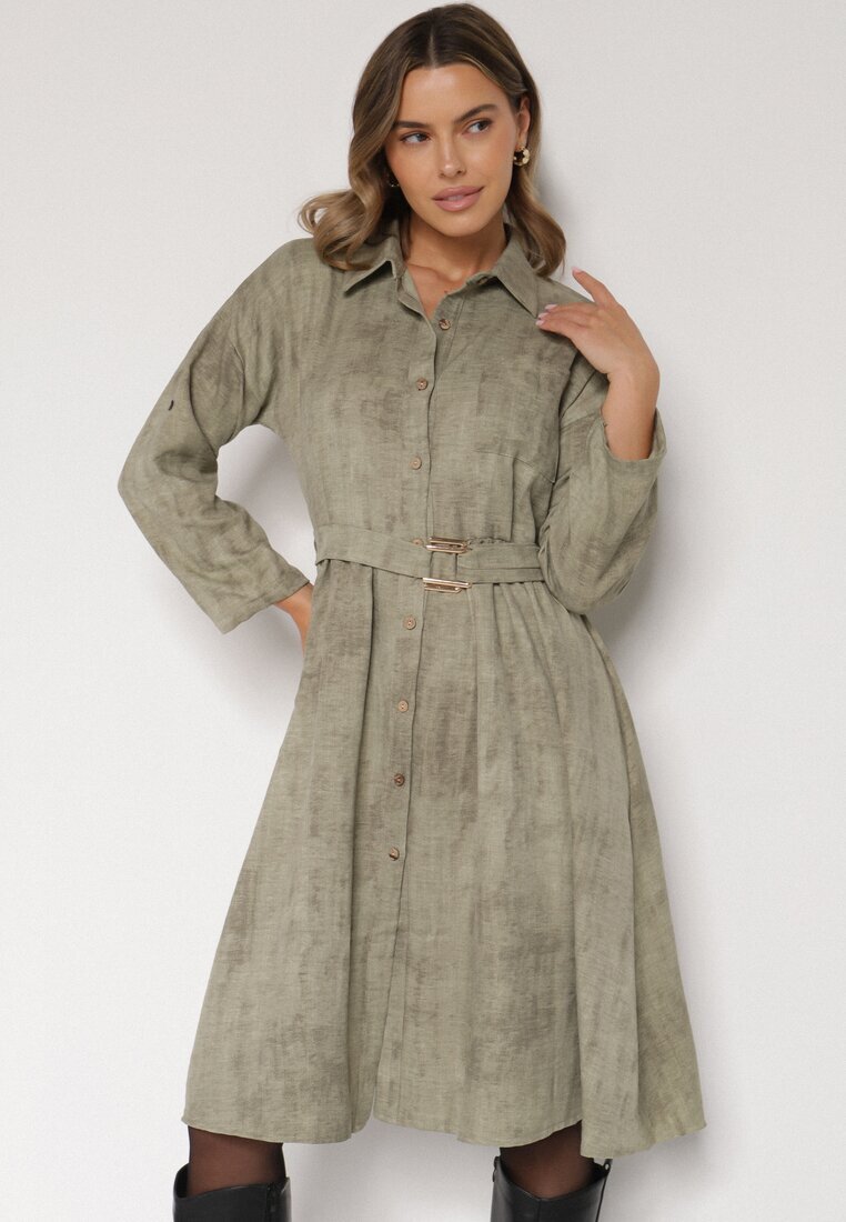 pretty Rochie Verde cu croială tip cămașă cu centură și cataramă Evelmio