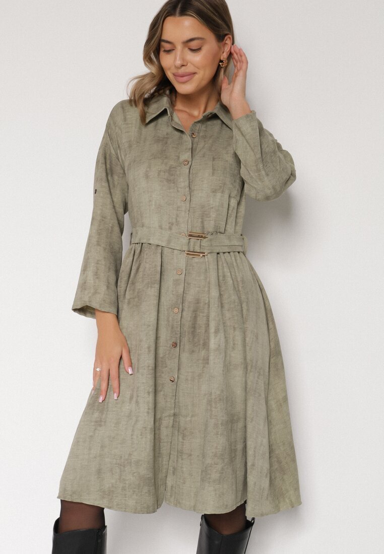 pretty Rochie Verde cu croială tip cămașă cu centură și cataramă Evelmio