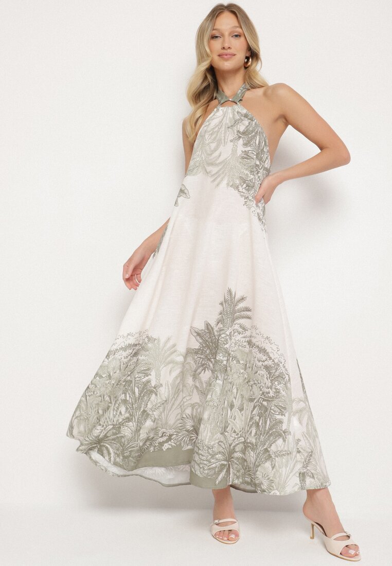 pretty Rochie Verde din Viscoză și Motiv Palmier cu Legătură Izomara