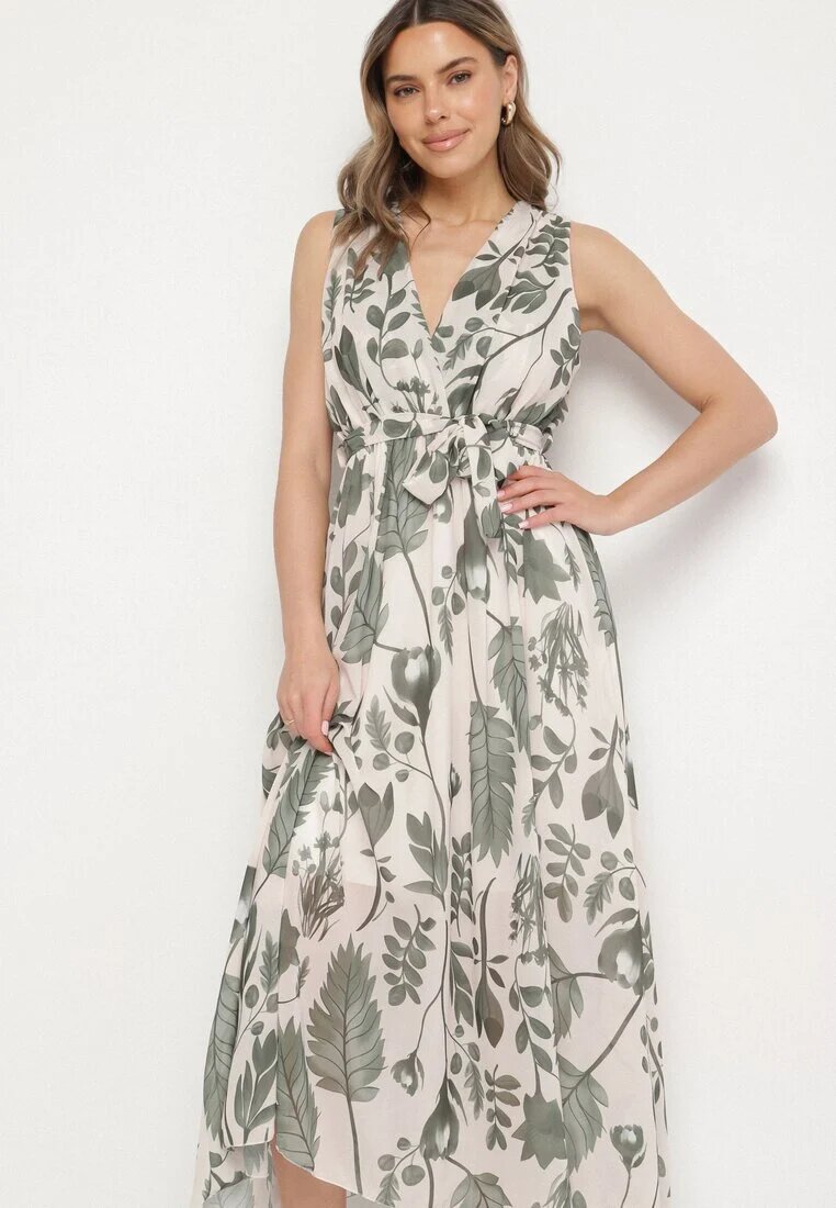 pretty Rochie Verde Petrecută cu Viscoză și Cordon Legat Nativire