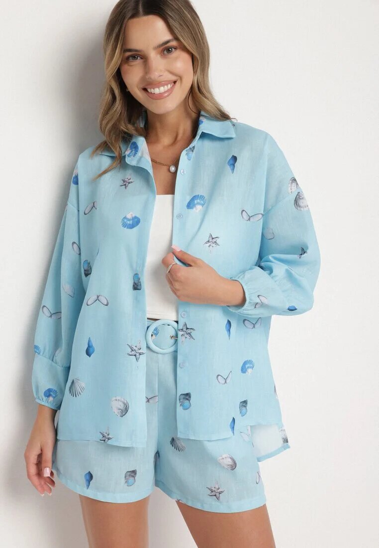 pretty Set Albastru deschis din Viscoză Cămașă și Pantaloni scurți cu Motiv Marin Reivienne