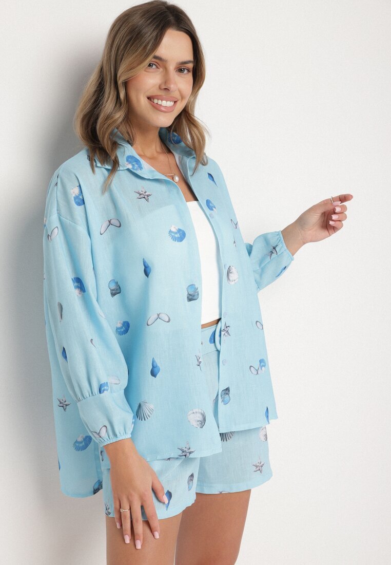 pretty Set Albastru deschis din Viscoză Cămașă și Pantaloni scurți cu Motiv Marin Reivienne
