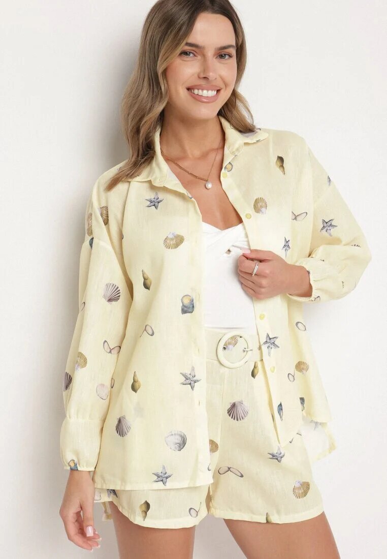 pretty Set Galben din Viscoză Cămașă și Pantaloni Scurți cu Motiv Marin Reivienne