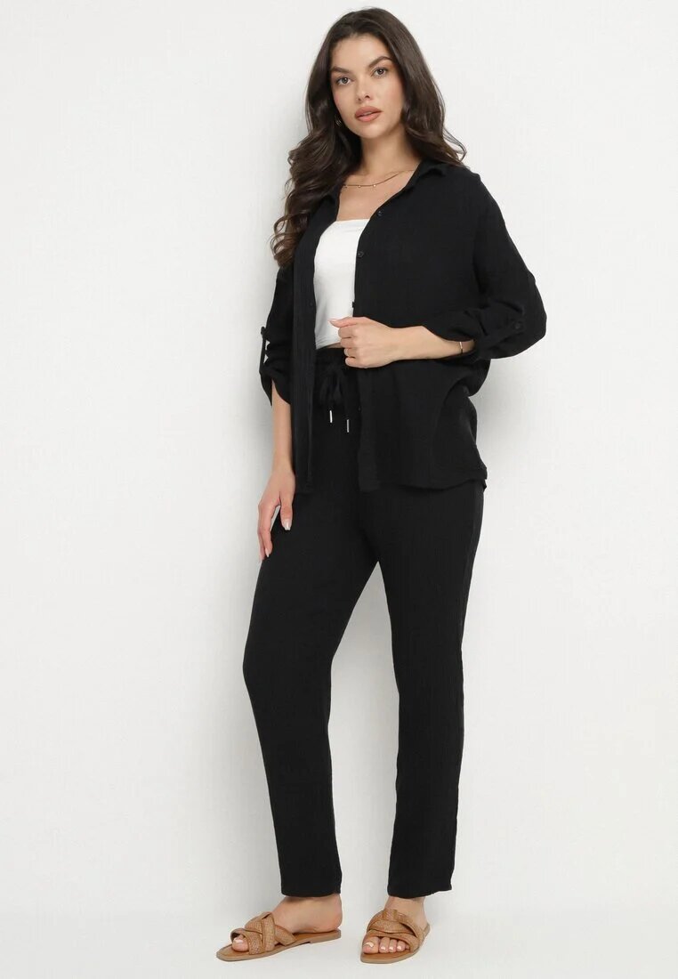 pretty Set Negru de Muselină din Bumbac Cămașă cu Mâneci Reglabile și Pantaloni Janilene