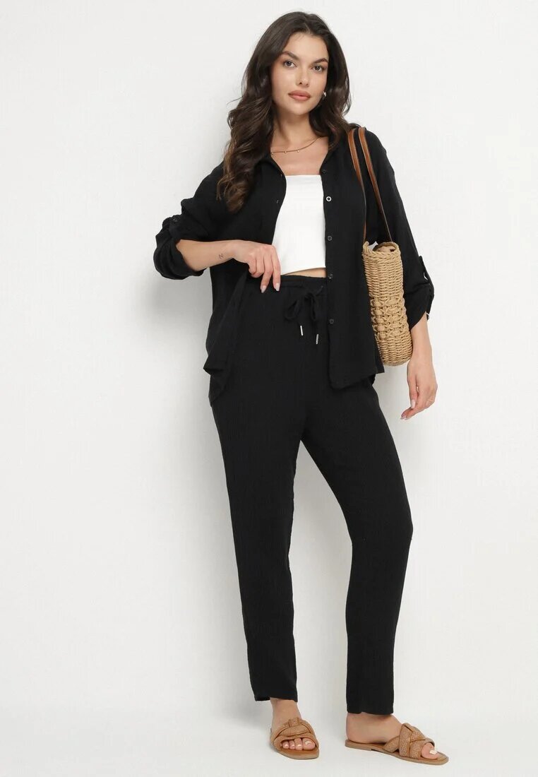 pretty Set Negru de Muselină din Bumbac Cămașă cu Mâneci Reglabile și Pantaloni Janilene