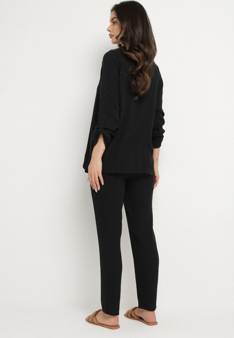 pretty Set Negru de Muselină din Bumbac Cămașă cu Mâneci Reglabile și Pantaloni Janilene