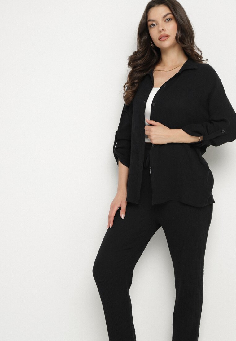 pretty Set Negru de Muselină din Bumbac Cămașă cu Mâneci Reglabile și Pantaloni Janilene