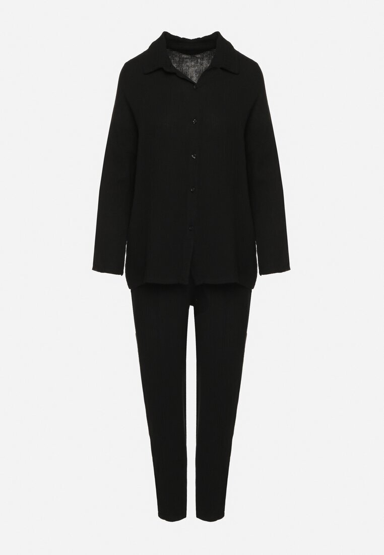 pretty Set Negru de Muselină din Bumbac Cămașă cu Mâneci Reglabile și Pantaloni Janilene