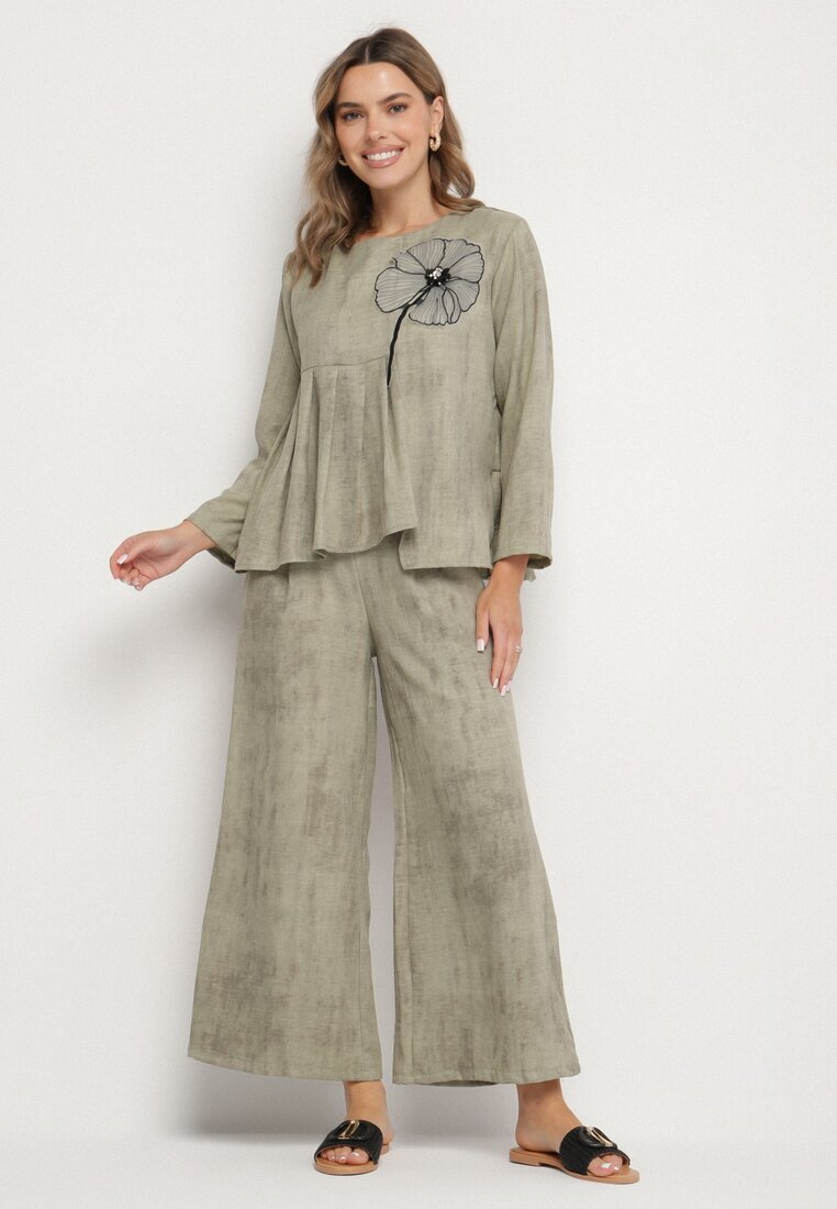 pretty Set Verde deschis Bluză cu bază evazată și Aplicație floare și Pantaloni largi Ravirisa