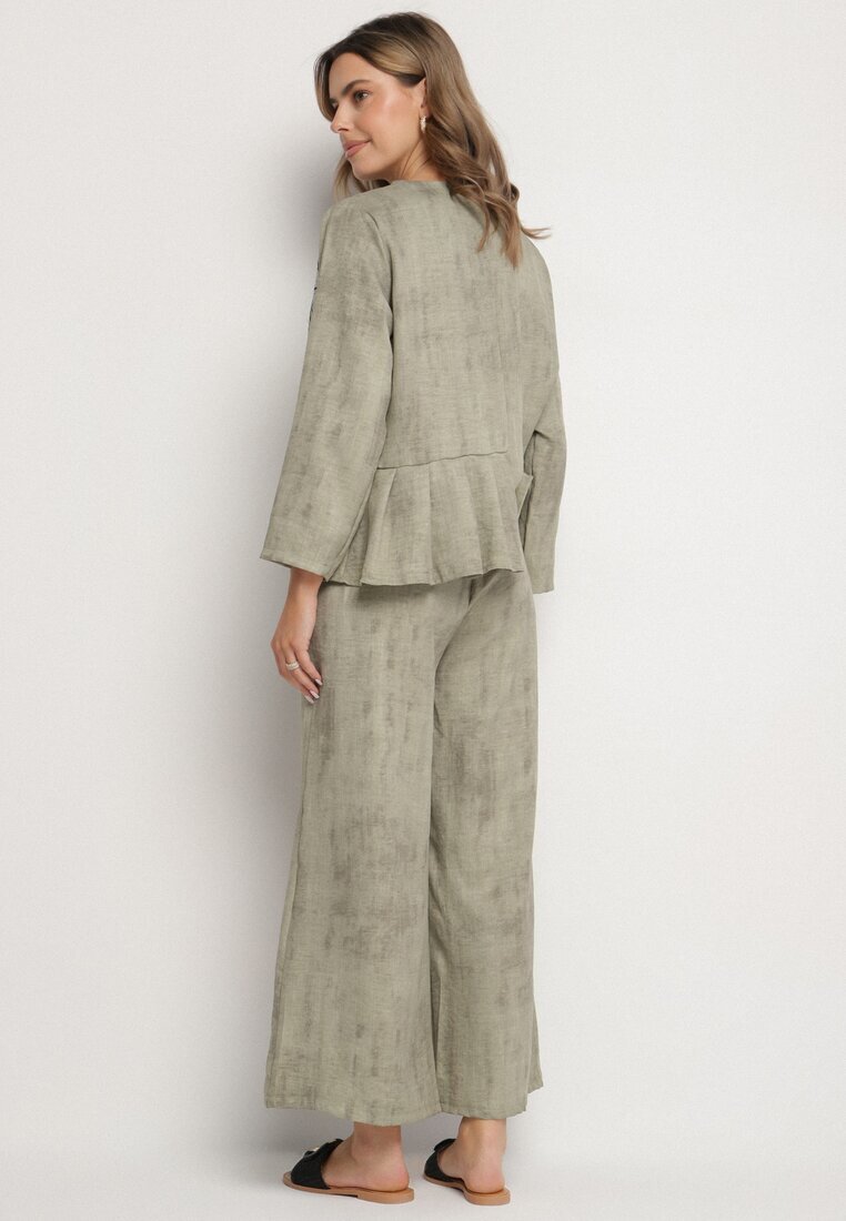pretty Set Verde deschis Bluză cu bază evazată și Aplicație floare și Pantaloni largi Ravirisa