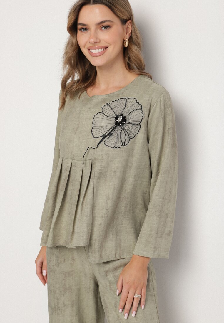 pretty Set Verde deschis Bluză cu bază evazată și Aplicație floare și Pantaloni largi Ravirisa