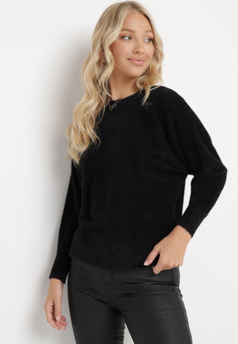 Pulover Negru cu Mâneci Largi Stil Liliac Mevinla