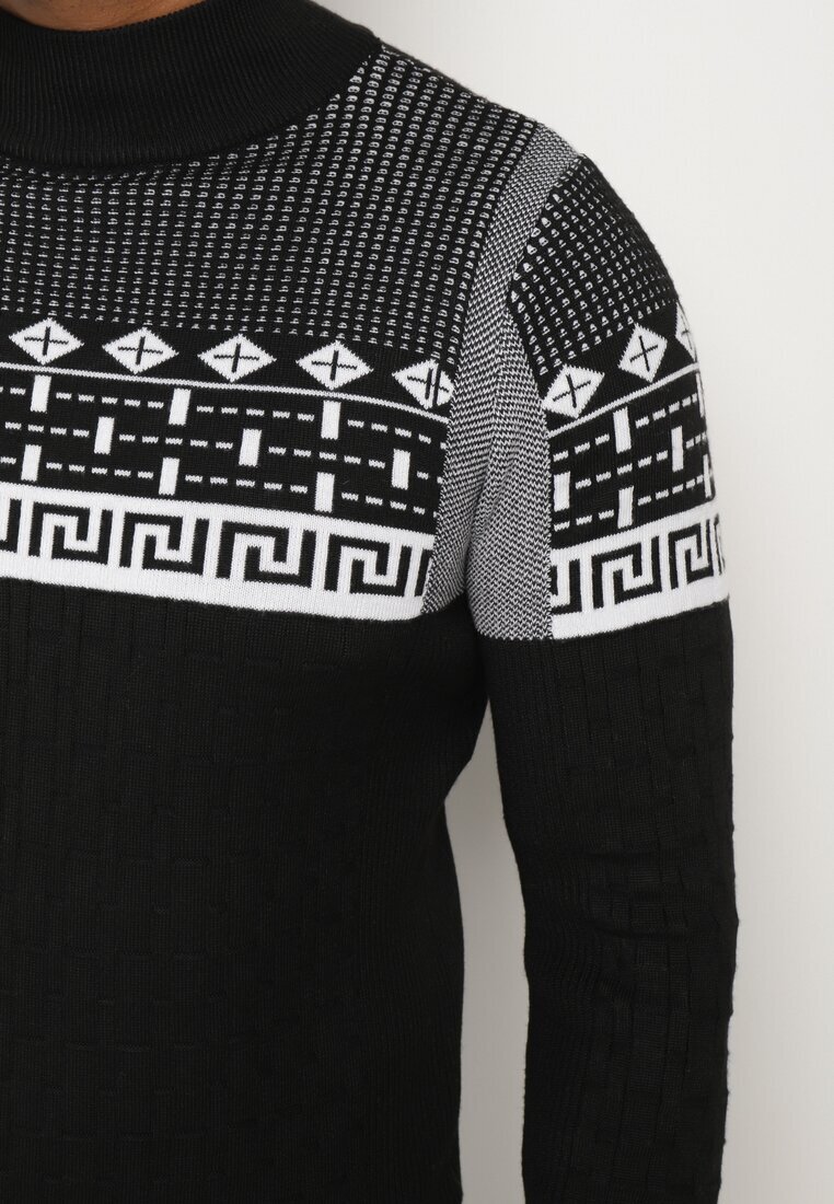  Pulover Negru Decorat cu Model Geometric și cu Riburi Liliatia