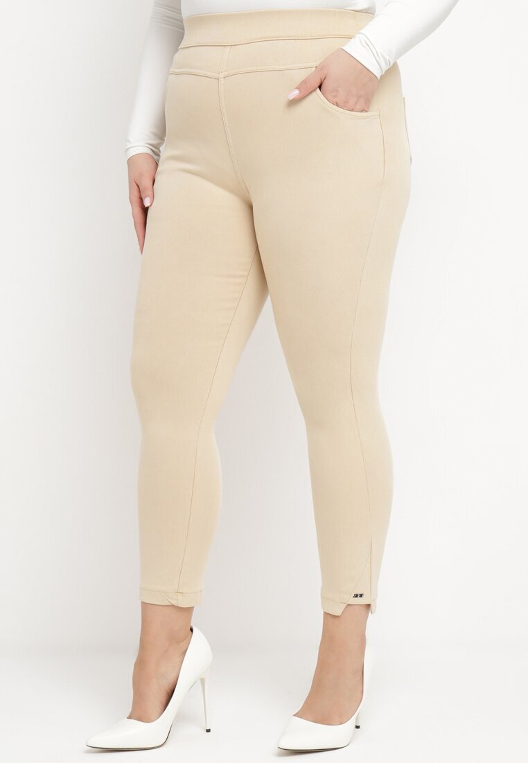 queene Pantaloni bej cu talie înaltă lungime 7/8 cu zirconii Aineth